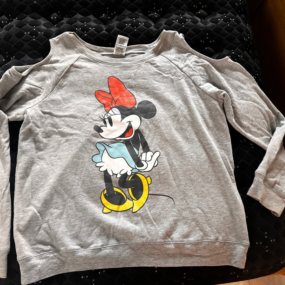 Disney womans Gray Minnie Mouse Sweatshirt with shoulder cutout’s